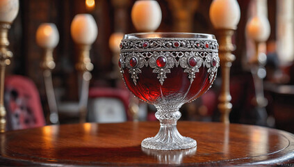 A glass of red wine decorated with precious stones.