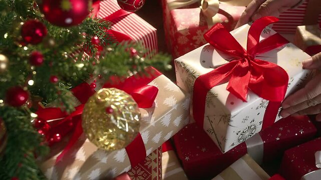 Female Hands placing a gift under the Christmas tree