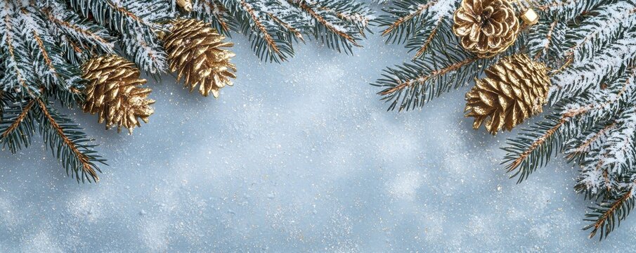 Snow-dusted pine branches and golden pinecones arranged on a textured blue background, evoking a festive and wintry atmosphere perfect for seasonal design.