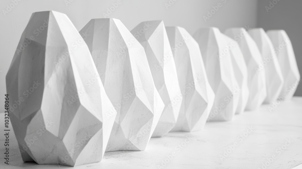 Poster uniform white geometric shapes aligned in a row, subtle contrast enhancing their smooth forms and mi