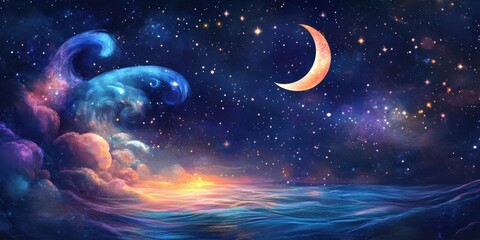 Starry night with crescent moon and waves.