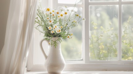 Beautiful bouquet of wildflowers in vase on window sill