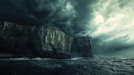 Dark cliffs stand tall against a stormy sea.