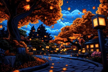 Pixel art park with animated falling leaves, glowing in orange and red