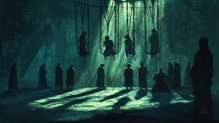 Naklejka premium Silhouettes stand before hanging figures in a dark room.