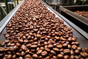 A close-up view of roasted coffee beans on a conveyor belt in a processing facility.