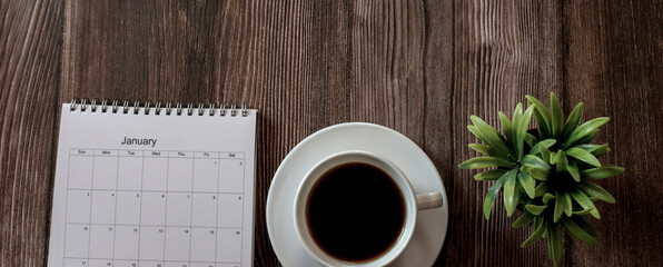 Calendar desk placed on business table. Desktop Calender for Planner to plan agenda, timetable, appointment, organization, management each date, month, and year on office table.Calendar 2025 Concept.