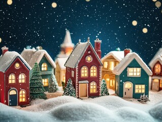 Fototapeta premium Charming snow-covered village scene with colorful houses, twinkling lights, and a winter night sky, evoking holiday cheer.
