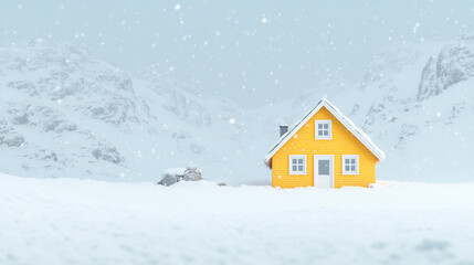 Bright yellow house in a snowy mountain landscape