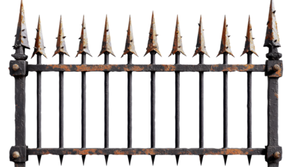 A rusty, vintage iron fence featuring pointed spikes, showcasing rustic charm and aged beauty against a transparent background.