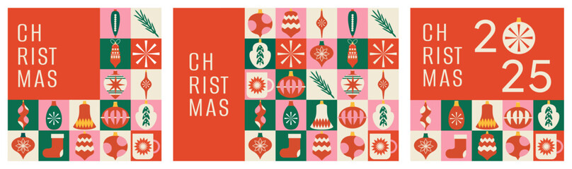 Set of modern trendy banners. Christmas and New Year. Mosaic. Neo geometric. Wrapping paper. Hand drawn. Doodle. Elements, shapes and frames. Flat. Xmas covers. Backgrounds. Vintage style.  Squares. 