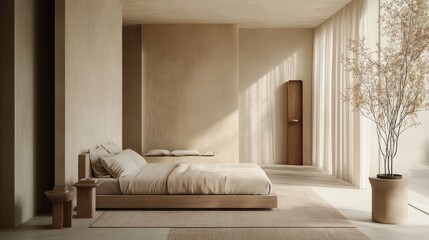 A minimalist bedroom with neutral tones and soft textures, showcasing a calming space designed for optimal sleep and relaxation.