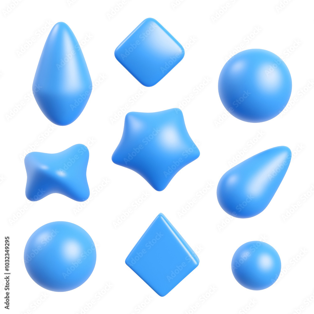 Poster set of abstract triangle square blue freeform shape form 3d render icon isolated on transparent back