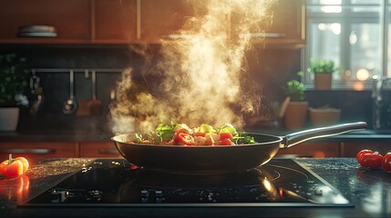 A modern kitchen scene with a pan of sizzling food in the center, capturing the energy and excitement of cooking in progress.