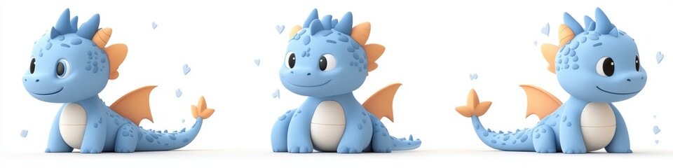 Set of cute little blue dragon creative minimal 3d style isolated white background, remove background, Generative AI
