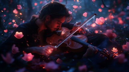 Fototapeta premium A musician playing the violin amid glowing flowers in a tranquil forest at dusk
