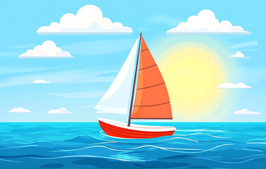 Fototapeta premium Illustration of a colorful sailboat floating on a calm sea with bright clouds in the background