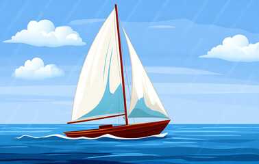 Fototapeta premium Illustration of a colorful sailboat floating on a calm sea with bright clouds in the background