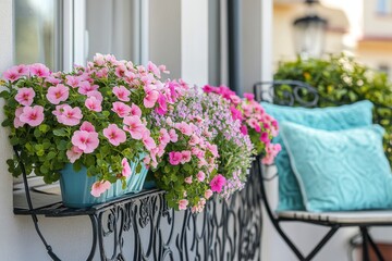 Pink Flowers in Pots on Balcony Railing with Blue Pillows
