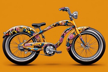 Fototapeta premium Retro-style bike with balloon tires, drawn with whimsical colors and floral patterns