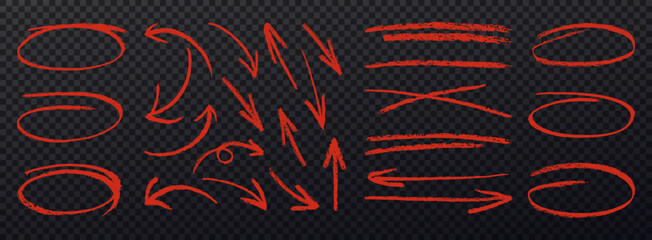 Red charcoal ovals and arrows strokes different forms. Set of design elements on transparent background. Brush elements for notes, highlighting and underlining in text.