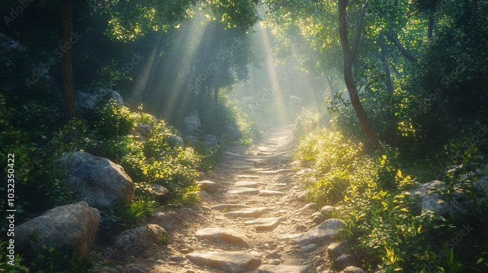 Poster a stone path through a misty forest with sunbeams shining through the trees.