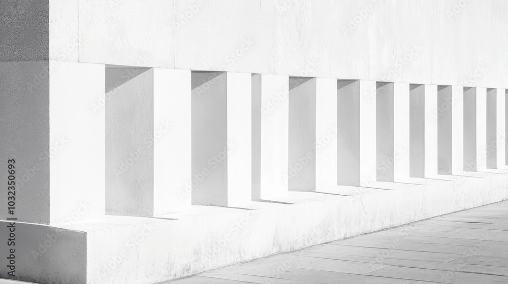 Aufkleber uniform white geometric forms aligned in a row, subtle contrasts creating a serene and minimalist vi
