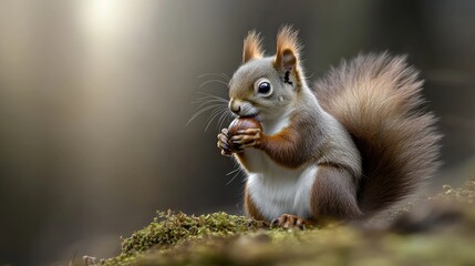 Obraz premium A cute squirrel holding an acorn in a serene forest setting.