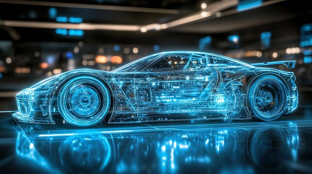 A futuristic sports car rendered in a digital wireframe, showing its internal mechanics and technology.