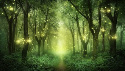 A mystical forest scene illuminated by glowing orbs, creating an enchanting and serene atmosphere.