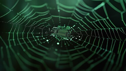 Obraz premium Digital Interface: Glowing Green Web with Circuit Lines