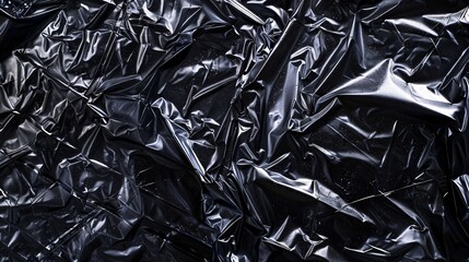 Crumpled plastic wrap against a black backdrop, highlighting the shiny and transparent texture.