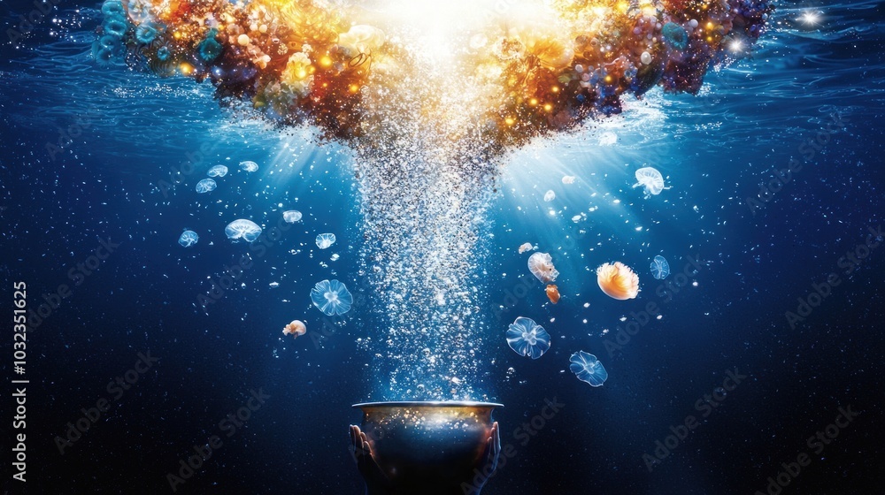 Poster a stunning visualization of cosmic energy emanating from the depths of the ocean merging elements of