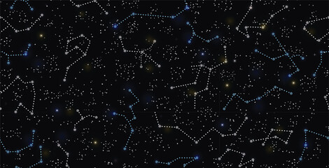 Night constellations with seamless black background.