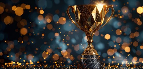 Golden trophy sparkling amidst glowing bokeh lights in celebratory atmosphere