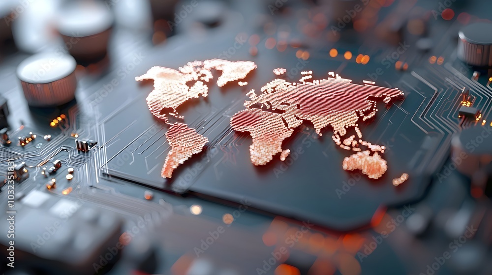 Poster Futuristic global digital communication network with interconnected microchips and circuits forming a world map  Holographic data visualization in a minimalist clean neon style with vibrant colors