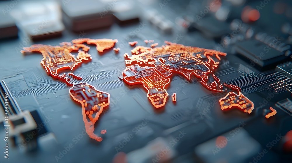 Aufkleber Futuristic global communication network with interconnected digital circuits and microchips forming a vibrant minimalist world map  Holographic data visualization in a clean neon style aesthetic