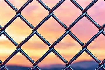 Fototapeta premium A close-up of a chain-link fence against a colorful sunset sky, highlighting the interplay of metal and natural beauty.