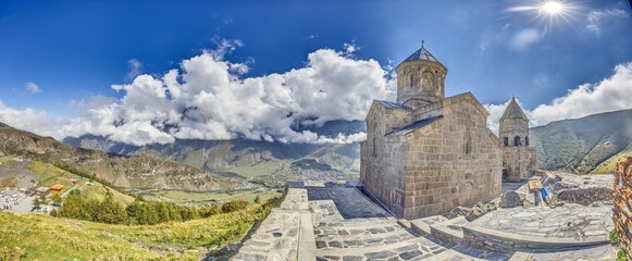 Gergeti Trinity Church near Stepantsminda, Georgia, with stunning views of the Caucasus mountains
