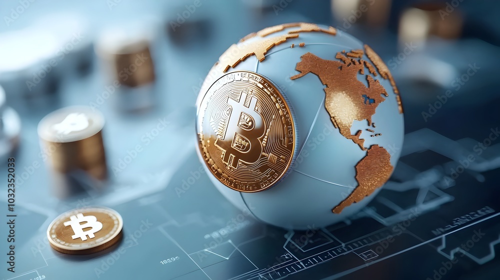 Poster Stylized world globe composed of blockchain cubes and hexagons with digital currencies and cryptographic codes flowing through the network