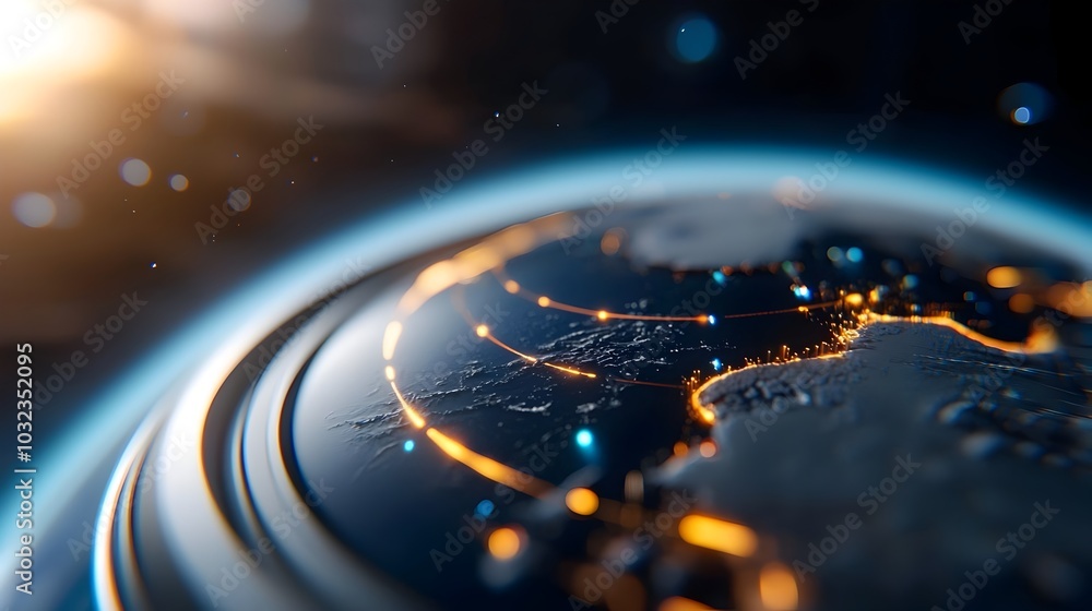 Poster Orbiting satellites and data streams encircle the Earth pulsing with information and cryptocurrency symbols  Glowing lines trace worldwide internet coverage