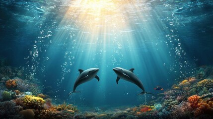 Majestic dolphins dancing in sunlit waters among vibrant coral reefs a stunning underwater scene capturing nature's beauty and serenity