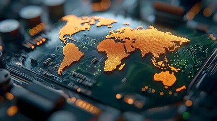 Futuristic global communication network made up of interconnected digital circuits and microchips forming a world map with holographic data visualization in a minimalist