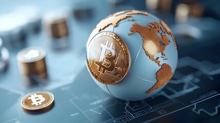 Stylized world globe composed of blockchain cubes and hexagons with digital currencies and cryptographic codes flowing through the network