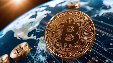 Stylized world globe composed of blockchain cubes and hexagons with digital currencies and cryptographic codes flowing through the interconnected network