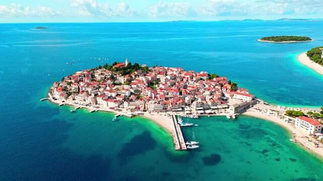 Aerial 4k footage of beautiful small town Primosten, Dalmatia region, Croatia