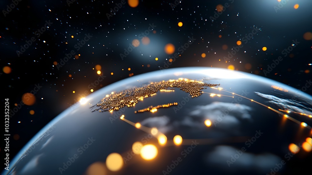 Aufkleber Orbiting satellites and data streams encircling the Earth pulsing with information and cryptocurrency symbols glowing lines tracing worldwide internet coverage