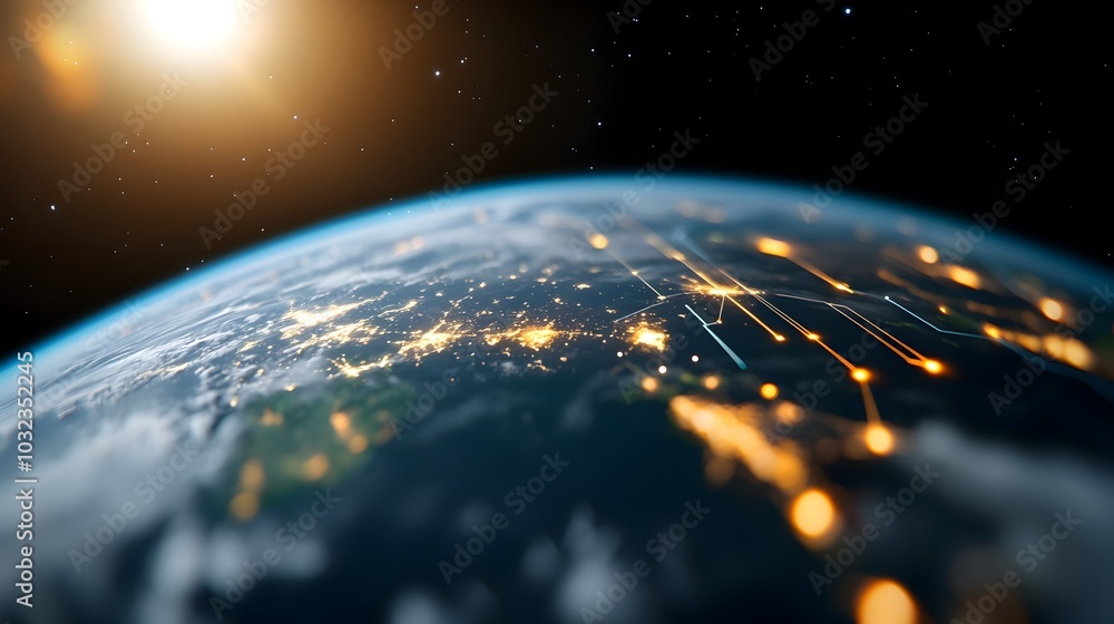 Aufkleber Orbiting data streams and satellite imagery encircling the Earth pulsing with information and cryptocurrency symbols glowing lines tracing worldwide internet coverage