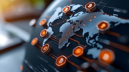 Stylized world globe composed of blockchain cubes and hexagons with digital currencies and cryptographic codes flowing through the network showcasing a clean modern and elegant abstract composition