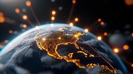 Orbiting satellites and data streams encircling the Earth pulsing with information and cryptocurrency symbols glowing lines tracing worldwide internet coverage